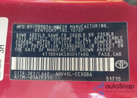 2008 Toyota Camry Hybrid from USA, damaged, VIN 4T1BB46K58U047480